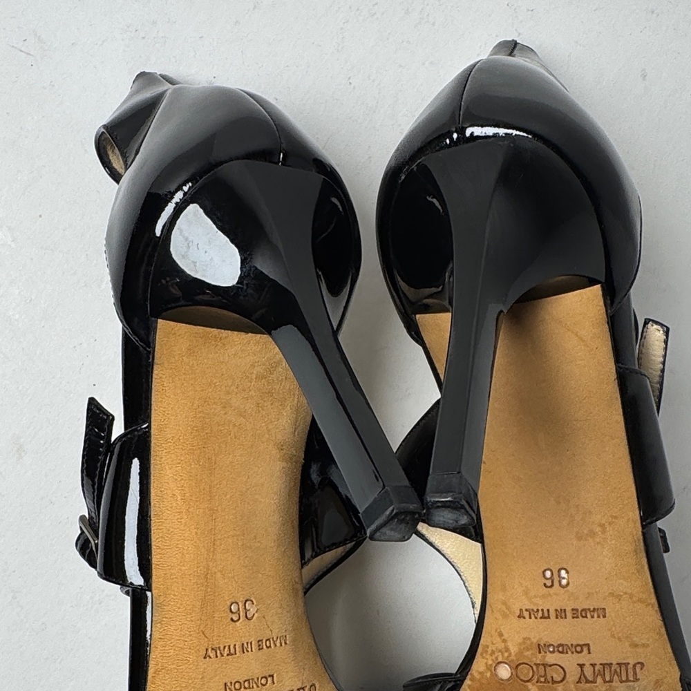 JIMMY CHOO Lotus Glossy Black Patent Leather Cut Out Strappy 3" Heels Size 36 - Picture 9 of 15